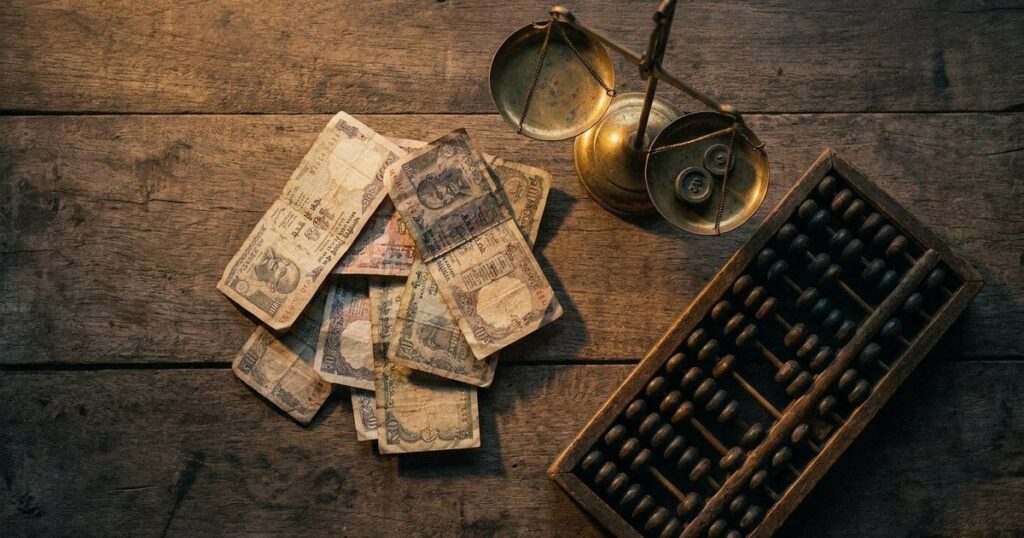 Flat-lay showing rupee notes, a brass scale, and an abacus, illustrating the 'margin of safety' in Indian investing.