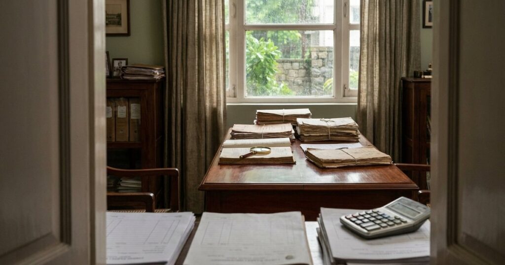 Legal chamber with documents and a calculator, symbolizing investment vehicles, tax implications, and fees.