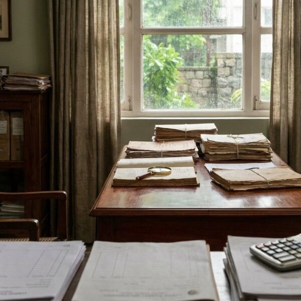 Legal chamber with documents and a calculator, symbolizing investment vehicles, tax implications, and fees.