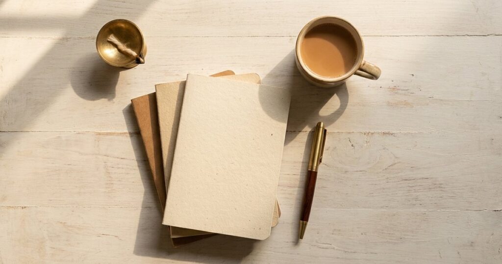 Overhead view of items on a table symbolizing Indian angel investors' role post-investment, with chai and notebooks.