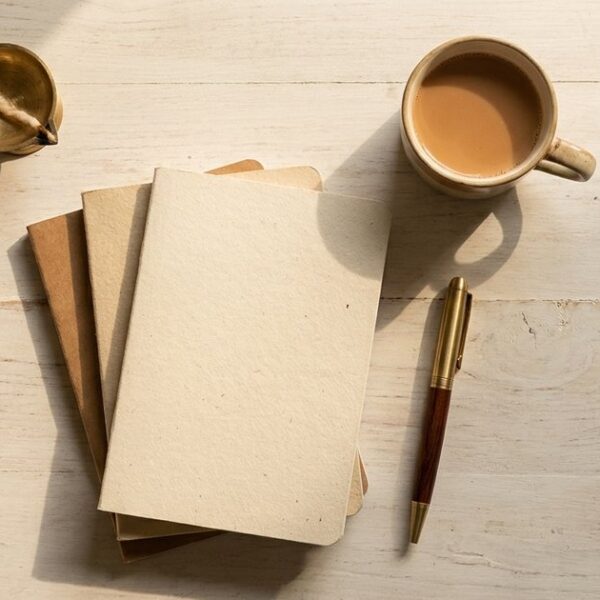 Overhead view of items on a table symbolizing Indian angel investors' role post-investment, with chai and notebooks.