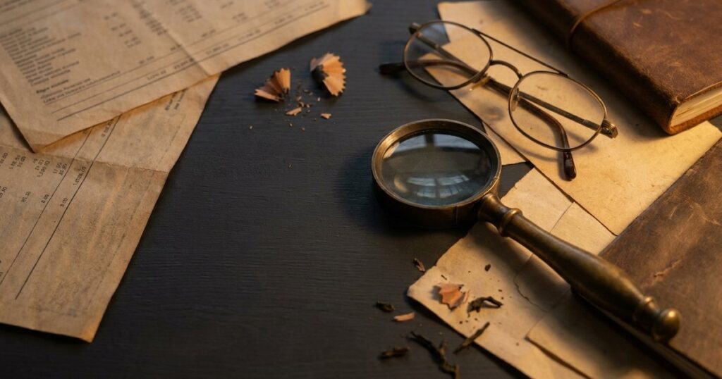 An Indian study table with scattered financial papers, a brass magnifying glass, and reading glasses, reflecting investment themes.