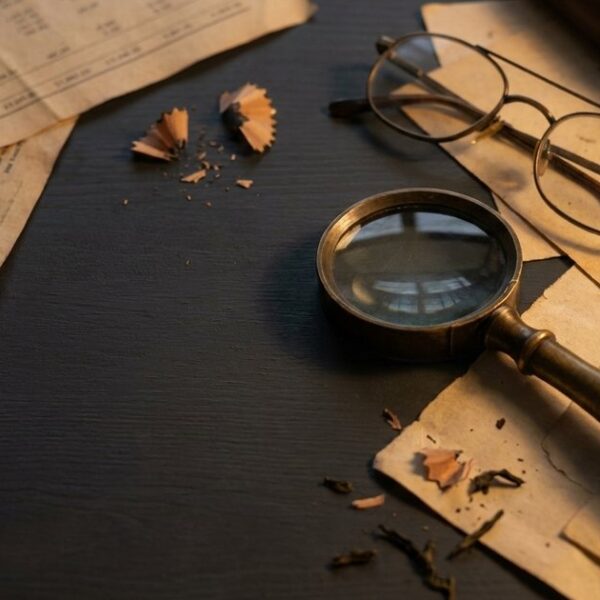 An Indian study table with scattered financial papers, a brass magnifying glass, and reading glasses, reflecting investment themes.