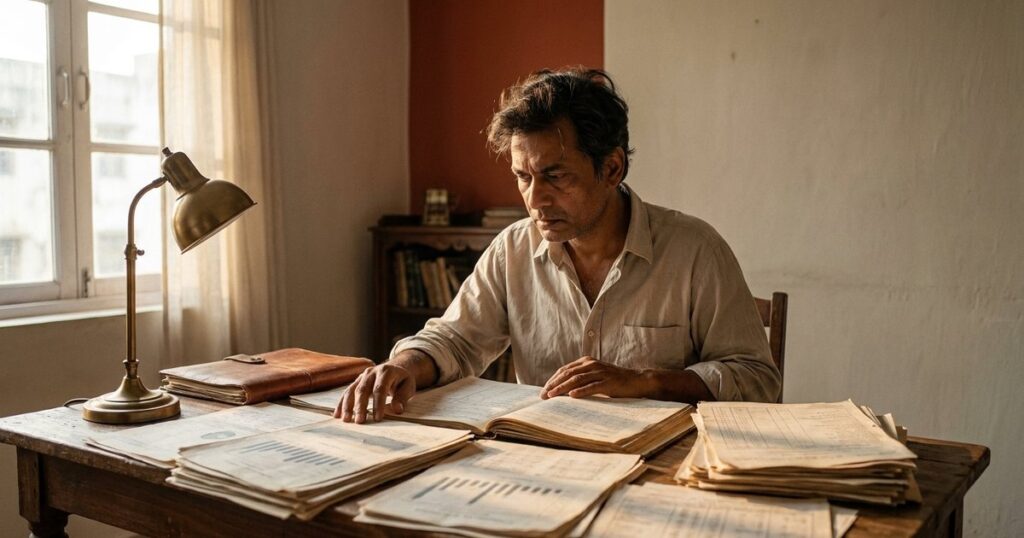 An Indian man intensely studies financial documents, reflecting on AI's role in investment analysis.
