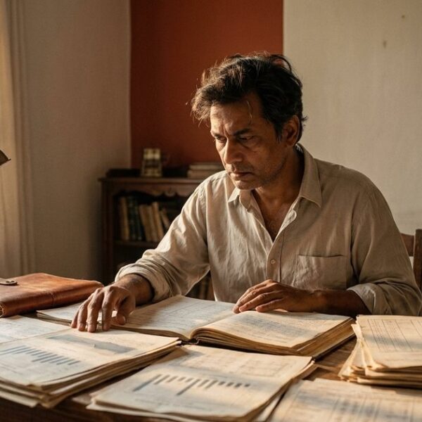 An Indian man intensely studies financial documents, reflecting on AI's role in investment analysis.