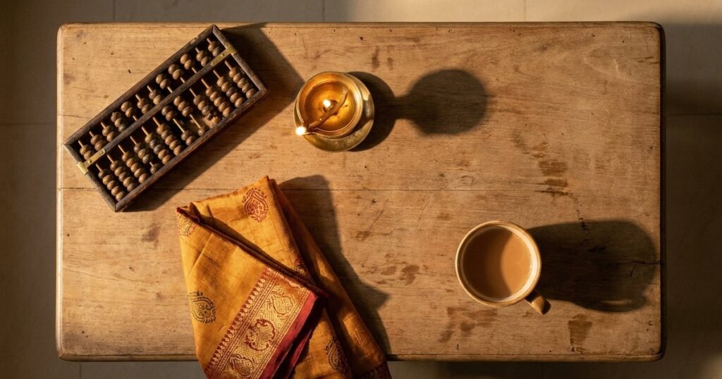 Overhead view of investing-related items on a wooden table, evoking first-year struggles of Indian angel investors.