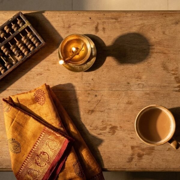 Overhead view of investing-related items on a wooden table, evoking first-year struggles of Indian angel investors.
