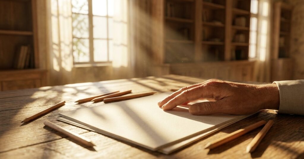 Close-up of an investor's hand resting on paper with pencils, reflecting the use of checklists in investment decisions.