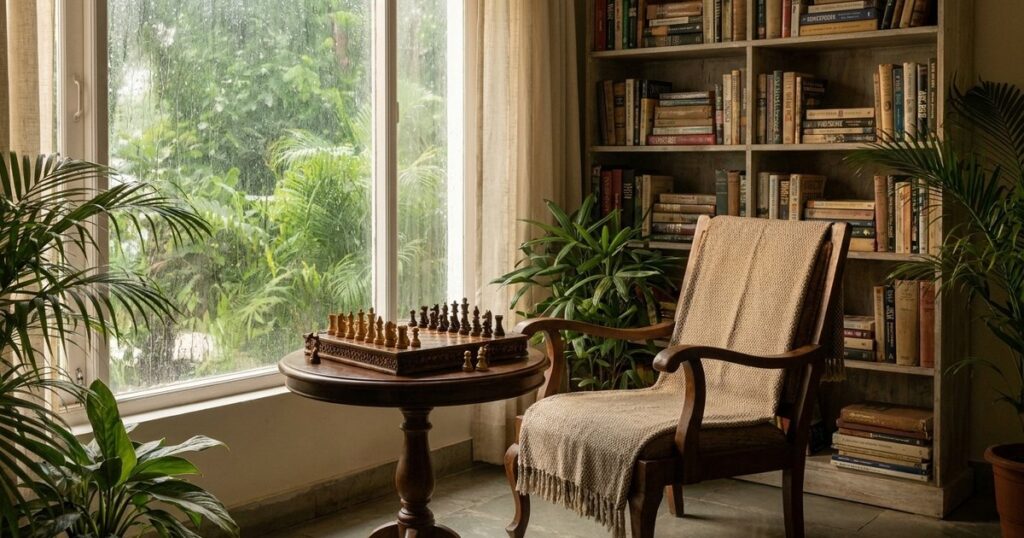 An Indian living room during monsoon with a chess set representing thoughtful investment decisions.