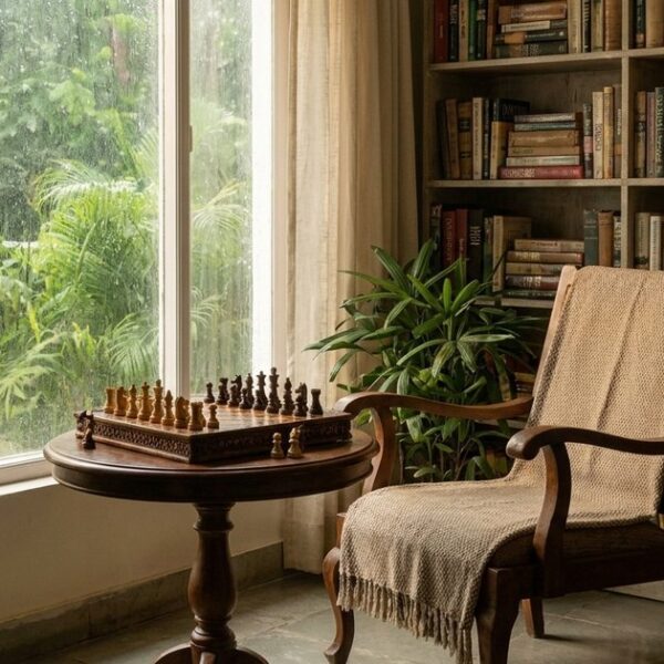 An Indian living room during monsoon with a chess set representing thoughtful investment decisions.