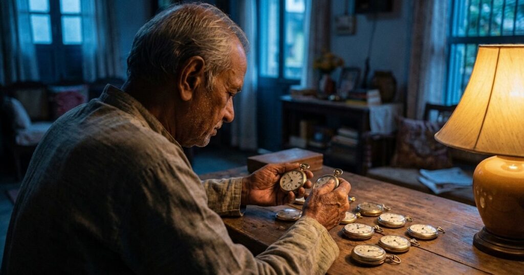 An elderly Indian man examines antique pocket watches, symbolizing patience in investing, under warm light with dusk hues.