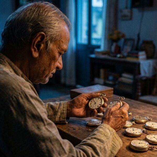 An elderly Indian man examines antique pocket watches, symbolizing patience in investing, under warm light with dusk hues.