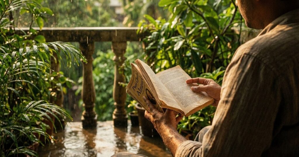 An individual reads 'Poor Charlie's Almanack' on a balcony, surrounded by greenery, reflecting investment wisdom themes.