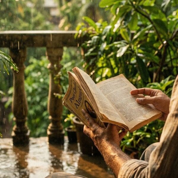 An individual reads 'Poor Charlie's Almanack' on a balcony, surrounded by greenery, reflecting investment wisdom themes.