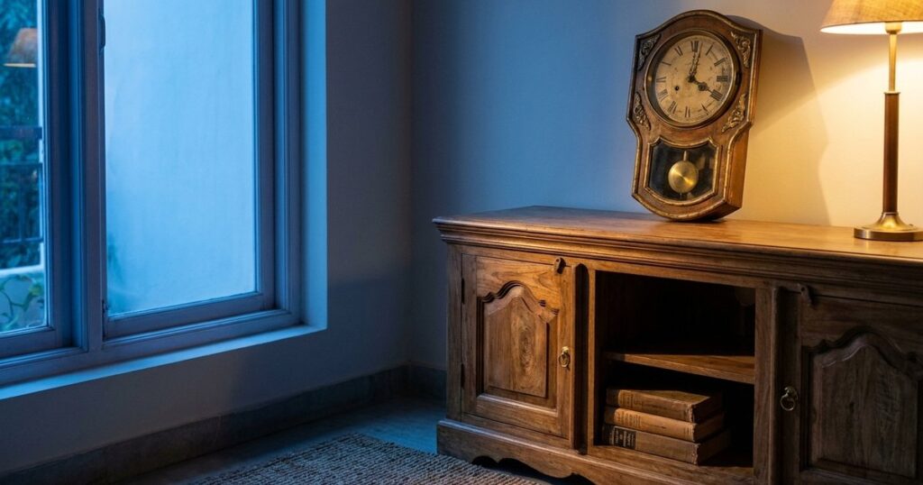 An Indian living room with a dusk blue hue, an antique clock, and a warm lamp, symbolizing patience in angel investing.