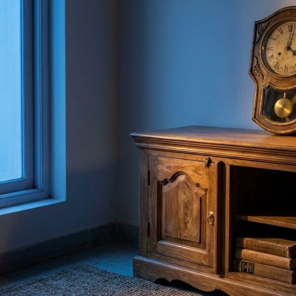 An Indian living room with a dusk blue hue, an antique clock, and a warm lamp, symbolizing patience in angel investing.
