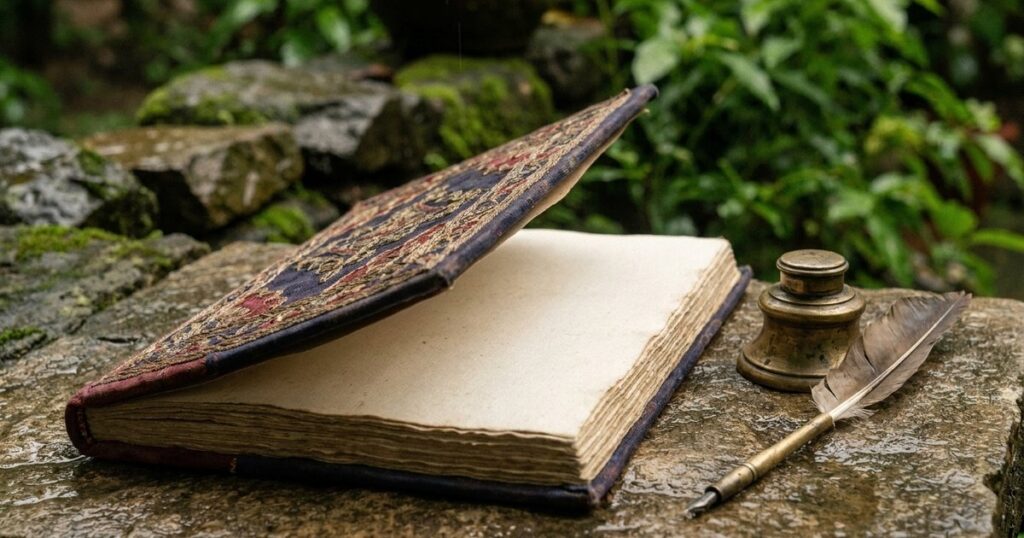Close-up of an Indian ledger book in monsoon-green tones, symbolizing Indian family office investment challenges.