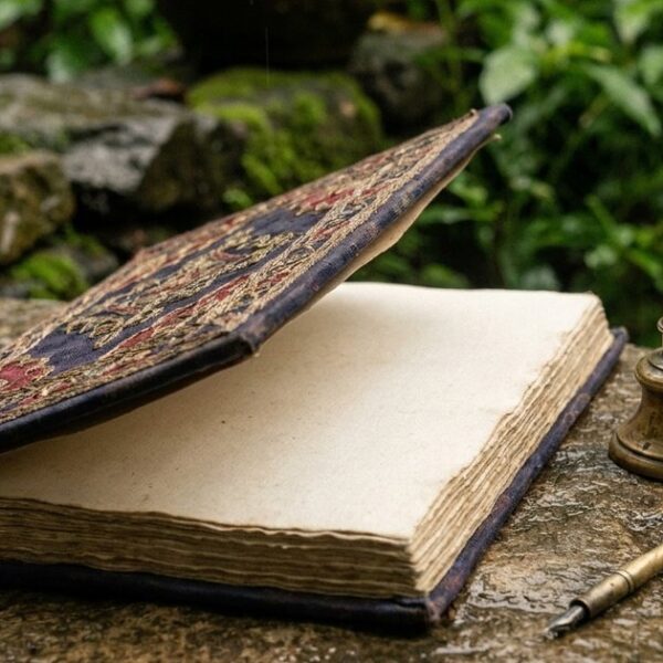 Close-up of an Indian ledger book in monsoon-green tones, symbolizing Indian family office investment challenges.