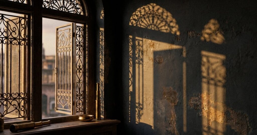 An open window with ornate ironwork in an Indian study, symbolizing diverse mental models in investing decisions.