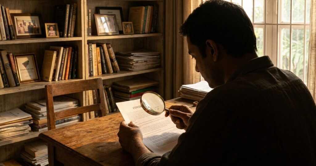 An Indian angel investor reviews startup documents in a home office, highlighting investment risks and opportunities.