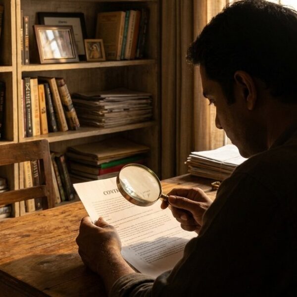 An Indian angel investor reviews startup documents in a home office, highlighting investment risks and opportunities.