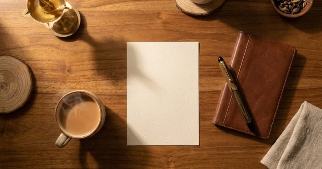 A flat-lay of an Indian wooden table with a blank memo sheet, chai, and checkbook, illustrating investment memo preparation.