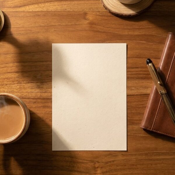 A flat-lay of an Indian wooden table with a blank memo sheet, chai, and checkbook, illustrating investment memo preparation.