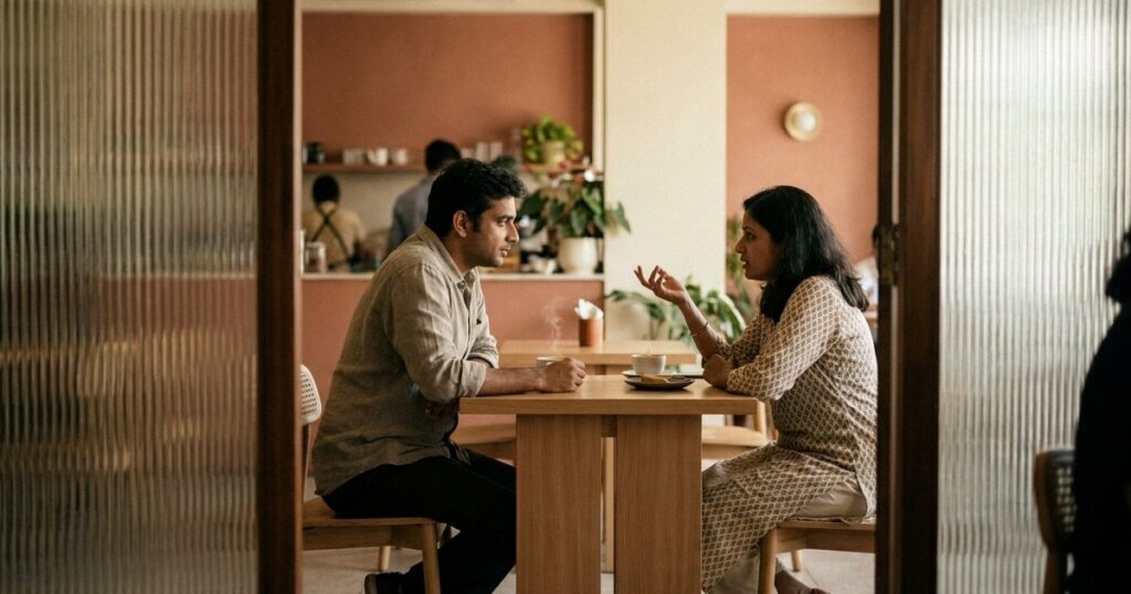 Two people discuss three types of Indian angel investors in a café setting, highlighting personal interactions.