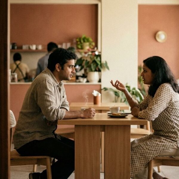 Two people discuss three types of Indian angel investors in a café setting, highlighting personal interactions.