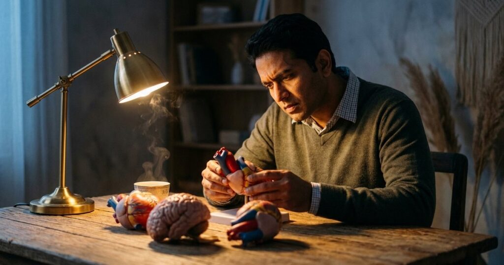 An Indian doctor examines anatomical models, reflecting on investing within his circle of competence.
