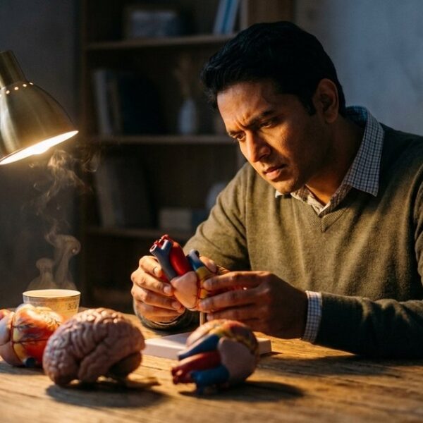 An Indian doctor examines anatomical models, reflecting on investing within his circle of competence.