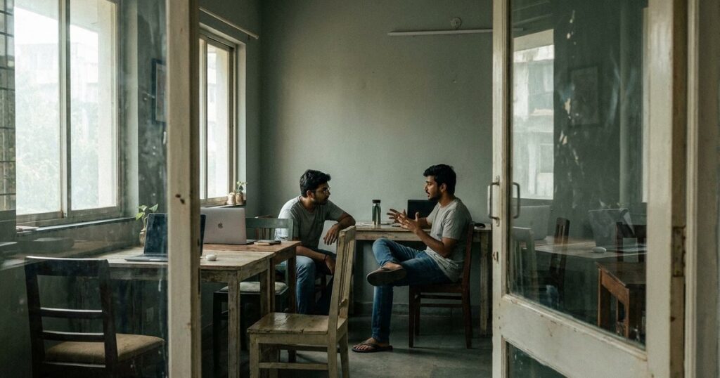 Two Indian entrepreneurs discuss angel investing in a simple co-working space, highlighting the role of luck in success.