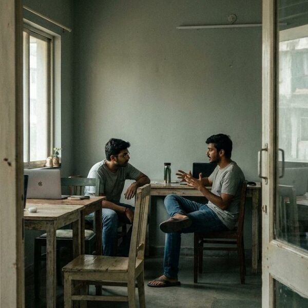 Two Indian entrepreneurs discuss angel investing in a simple co-working space, highlighting the role of luck in success.