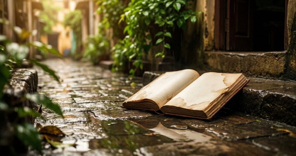 Ledger book on a rainy Indian street reflects the theme of inversion in business failure analysis.