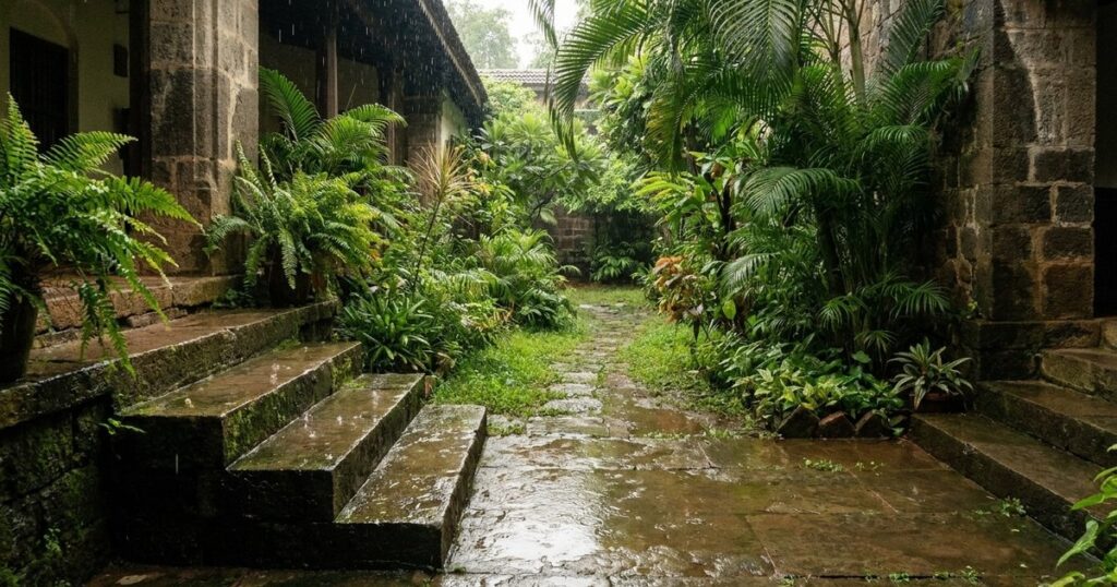 Rain on stone steps in a verdant Indian courtyard symbolizes patience in angel investing.