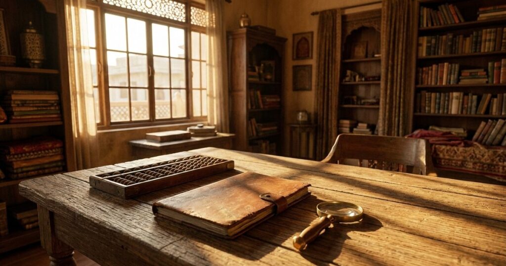 An empty Indian study room with an abacus, balance sheet, and magnifying glass, illustrating business incentives topic.
