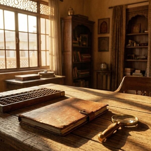An empty Indian study room with an abacus, balance sheet, and magnifying glass, illustrating business incentives topic.