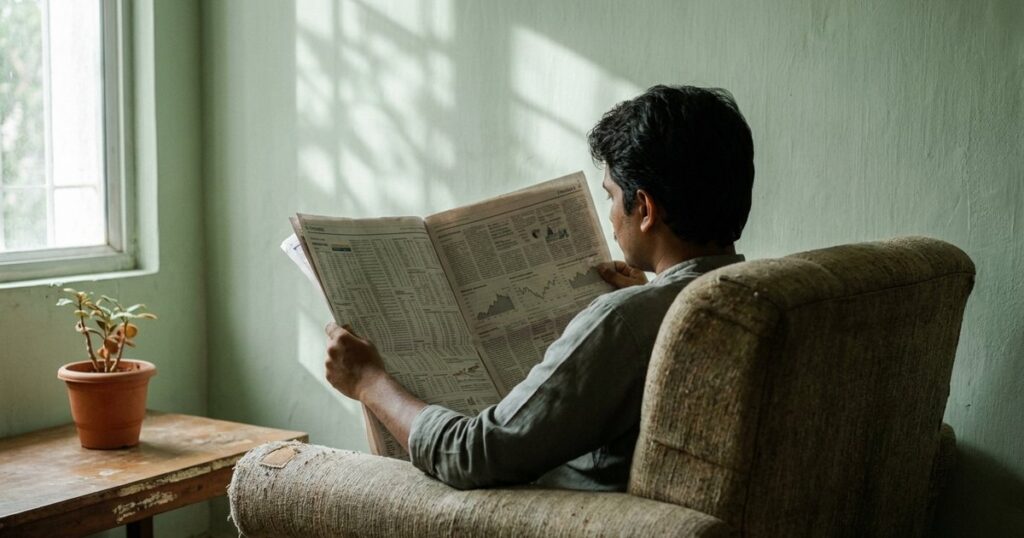 A person reads a financial newspaper in an Indian living room, illustrating the 'buy right, sit tight' investment strategy.