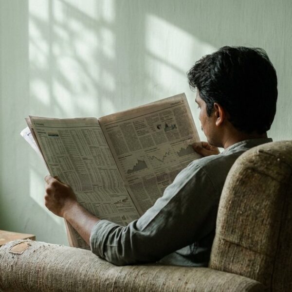A person reads a financial newspaper in an Indian living room, illustrating the 'buy right, sit tight' investment strategy.