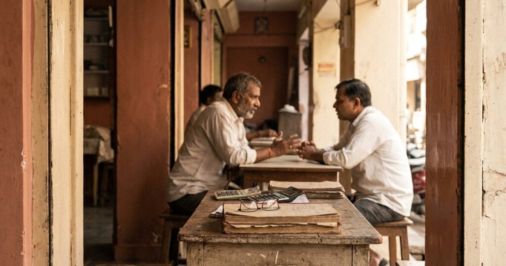 A street-level view of a traditional Indian shop where two people discuss angel investing practices over documents.