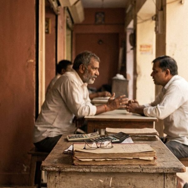 A street-level view of a traditional Indian shop where two people discuss angel investing practices over documents.