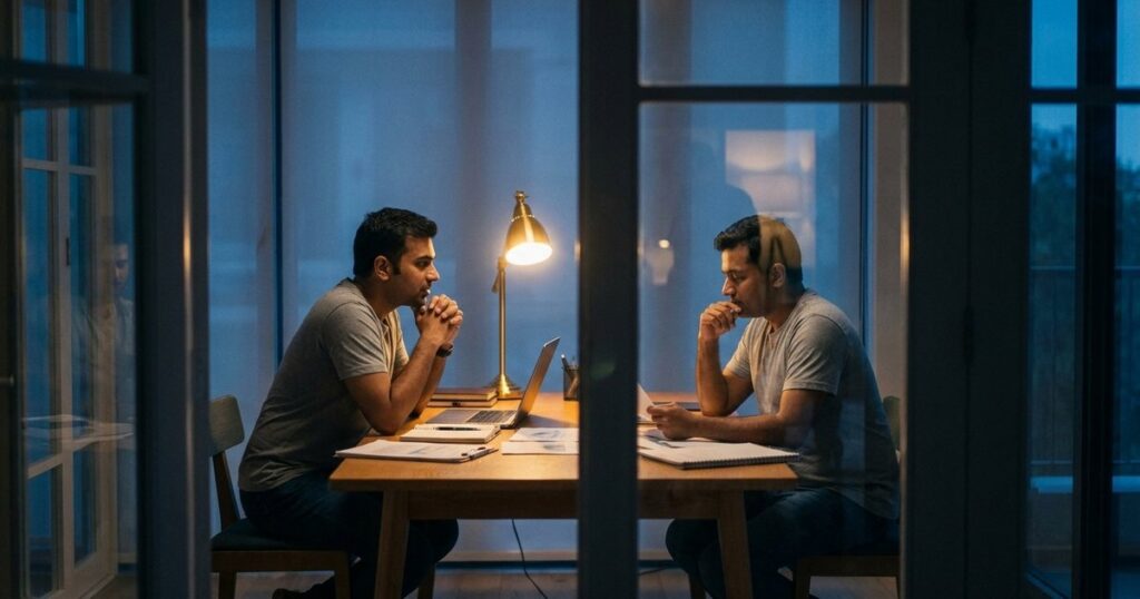 Two Indian entrepreneurs in a meeting room discussing angel investing, highlighting the article on Indian startups.