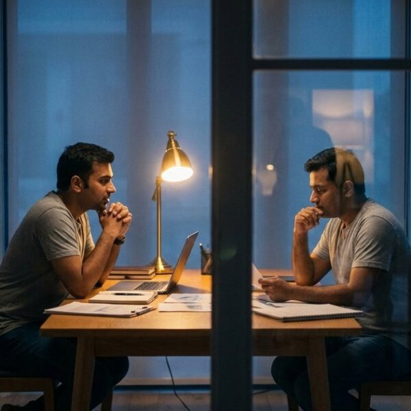 Two Indian entrepreneurs in a meeting room discussing angel investing, highlighting the article on Indian startups.