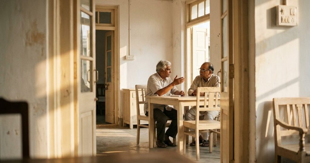 Two people discuss Rakesh Jhunjhunwala's investment strategies through an open doorway, highlighting their interaction.
