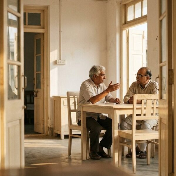 Two people discuss Rakesh Jhunjhunwala's investment strategies through an open doorway, highlighting their interaction.