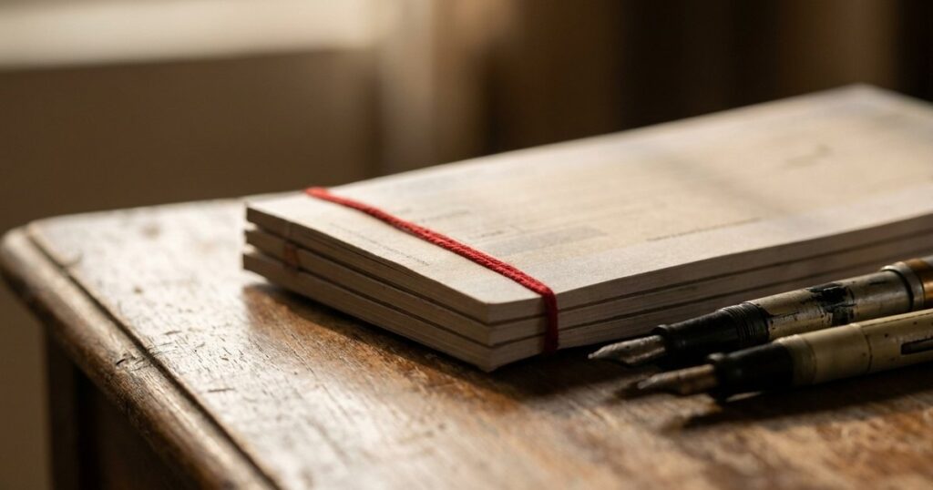 Close-up of chequebooks on a table, symbolizing building a diverse investment portfolio in angel investing.