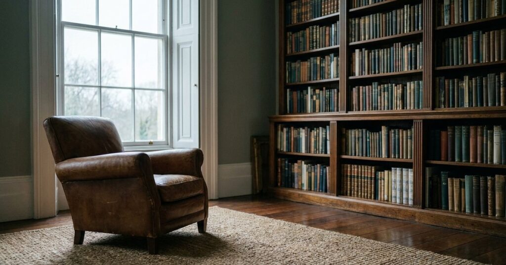 A thoughtfully lit Indian living room with an empty leather armchair and a bookshelf, reflecting on biases in Indian investing.
