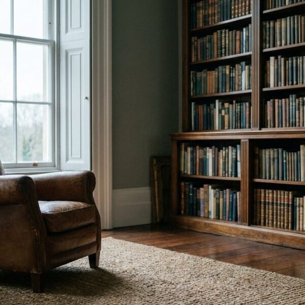 A thoughtfully lit Indian living room with an empty leather armchair and a bookshelf, reflecting on biases in Indian investing.