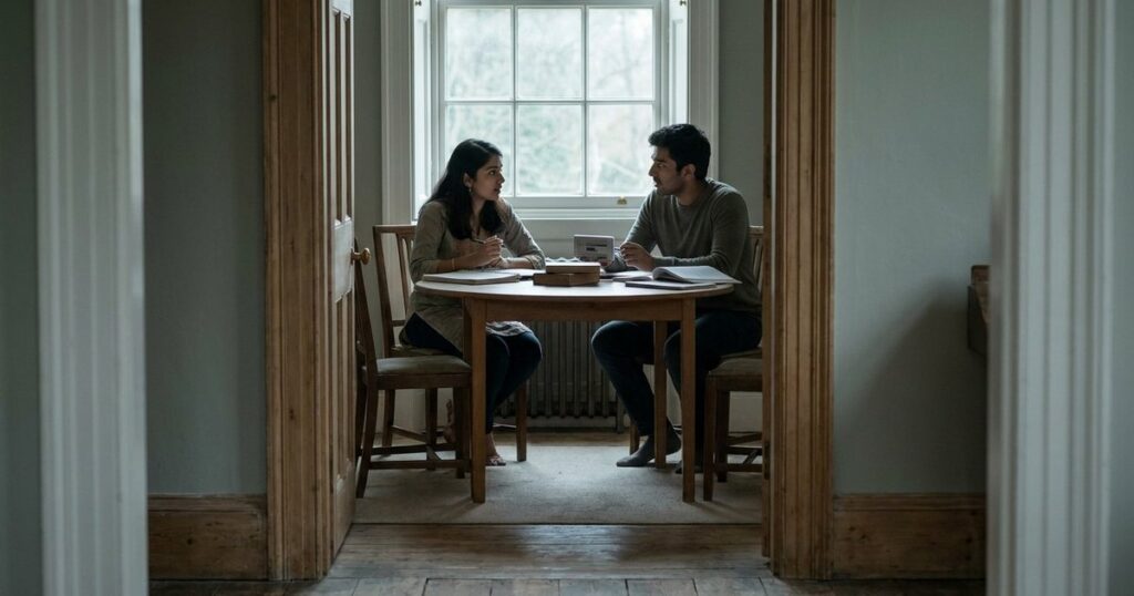 Two Indian students in a microschool setting collaborate on learning tasks, observed through a doorway, from a distance.