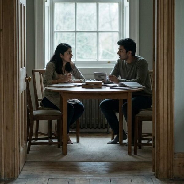 Two Indian students in a microschool setting collaborate on learning tasks, observed through a doorway, from a distance.